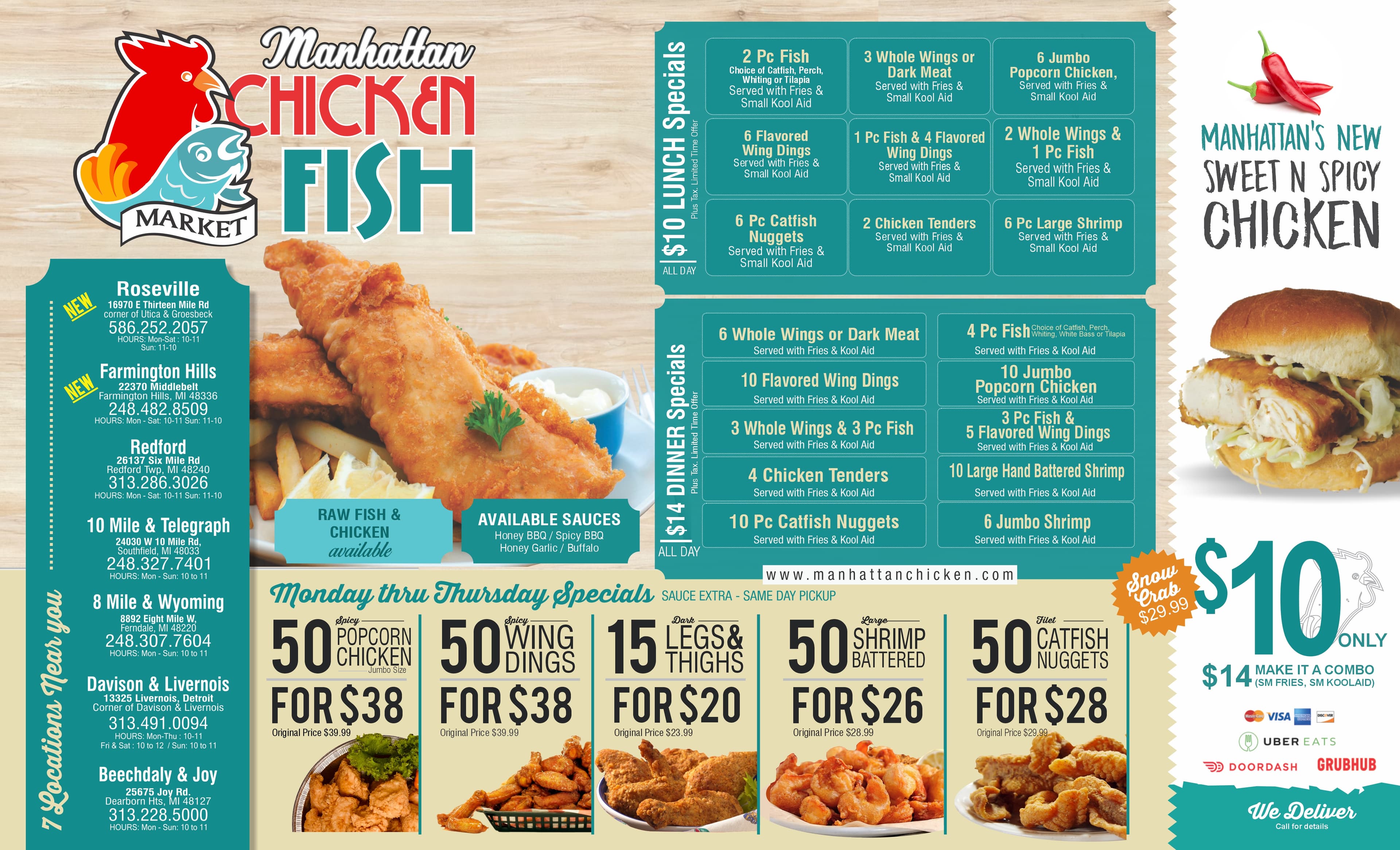 Manhattan Fish & Chicken Menu — Front: Locations, Specials, Lunch & Dinner Deals