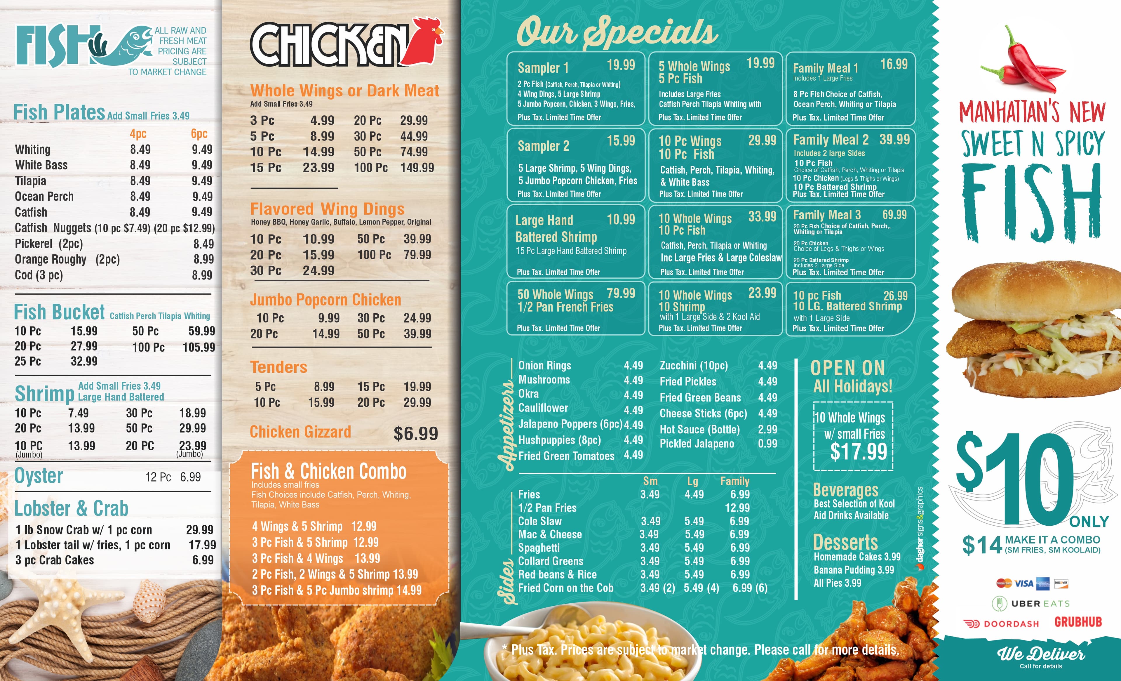 Manhattan Fish & Chicken Menu — Back: Fish Plates, Chicken Wings, Shrimp, Sides, Appetizers