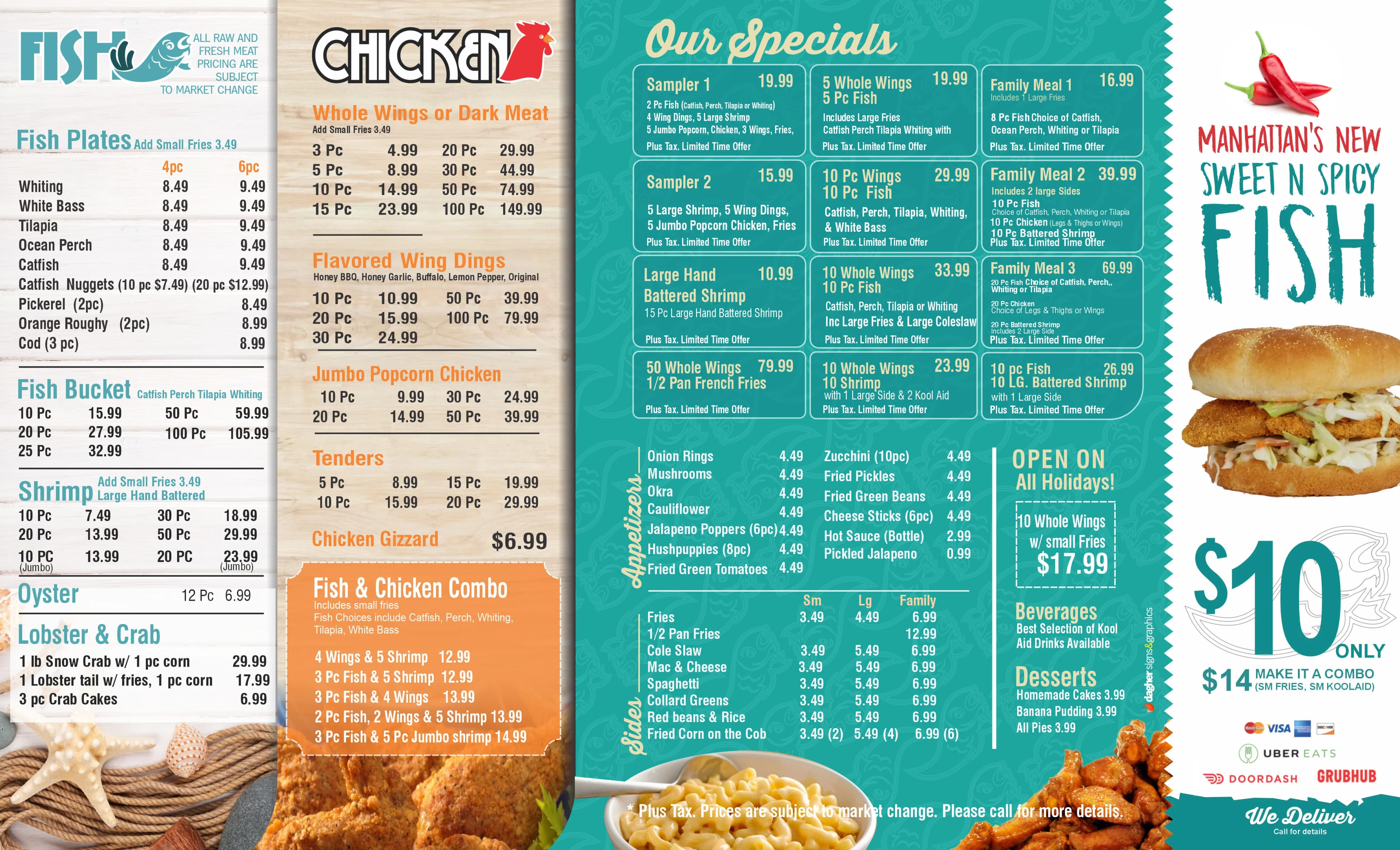 Manhattan Fish & Chicken Menu — Back: Fish Plates, Chicken Wings, Shrimp, Sides, Appetizers