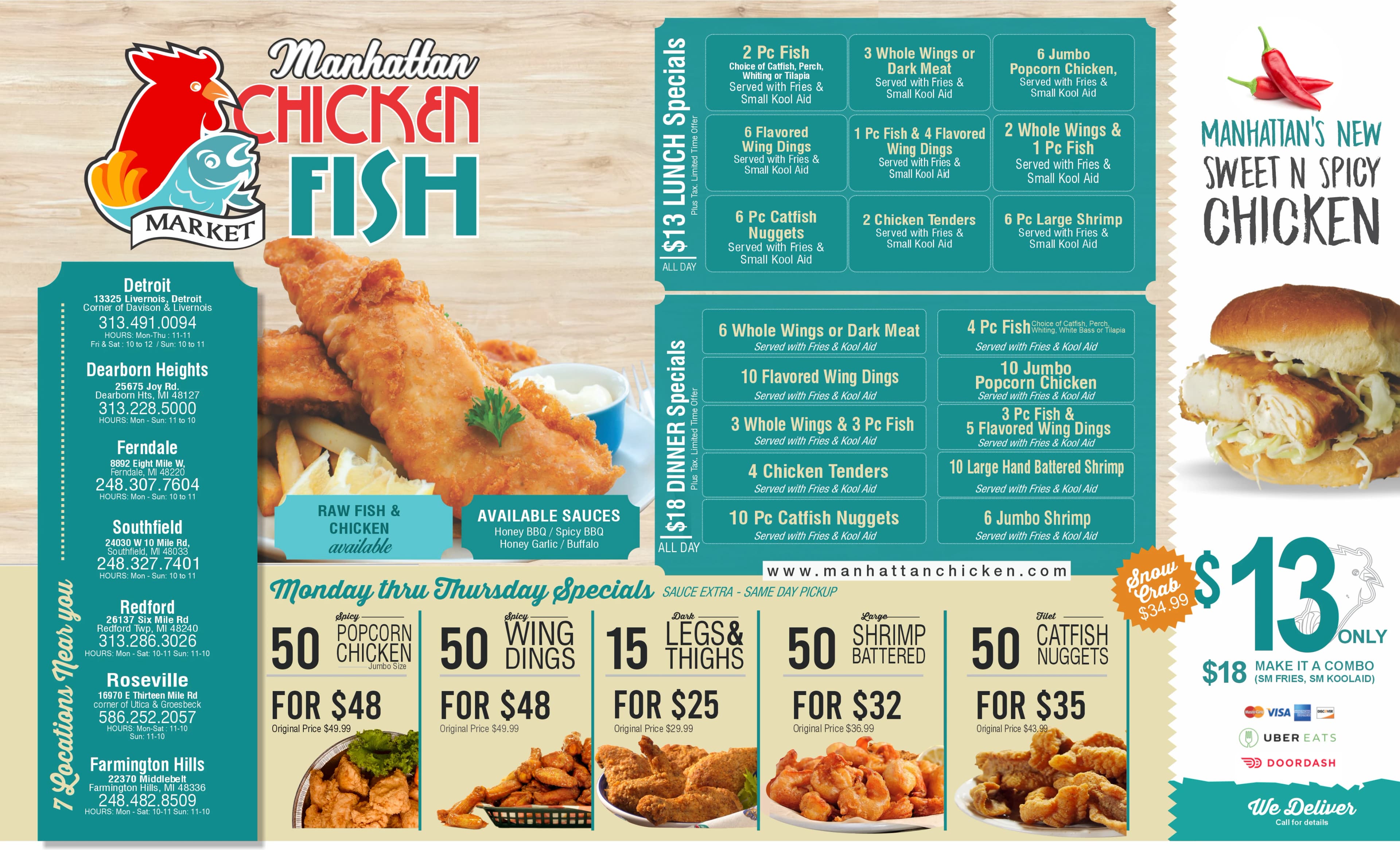 Manhattan Fish & Chicken Menu — Front: Locations, Specials, Lunch & Dinner Deals